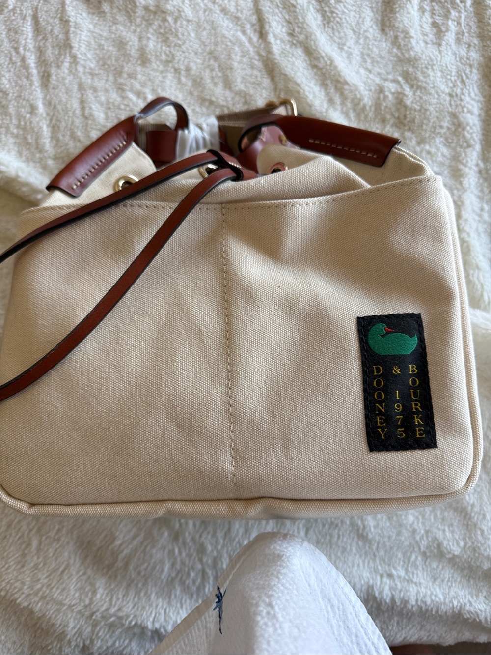 Dooney & Bourke Cream Canvas Tote with Brown Leather Trim - Picture 1 of 5